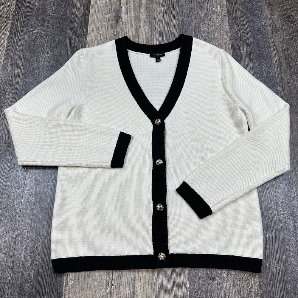 Talbots Womens Petite Small Cardigan Sweater Ivory Black Trim Gold Crest Buttons